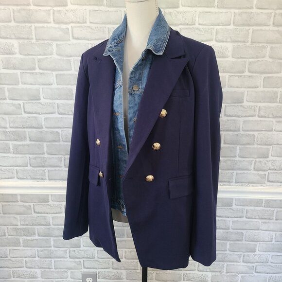 Dolan Double Breasted Navy Ponte Miller Blazer Removable Denim Dickey L NWOT - Picture 4 of 14